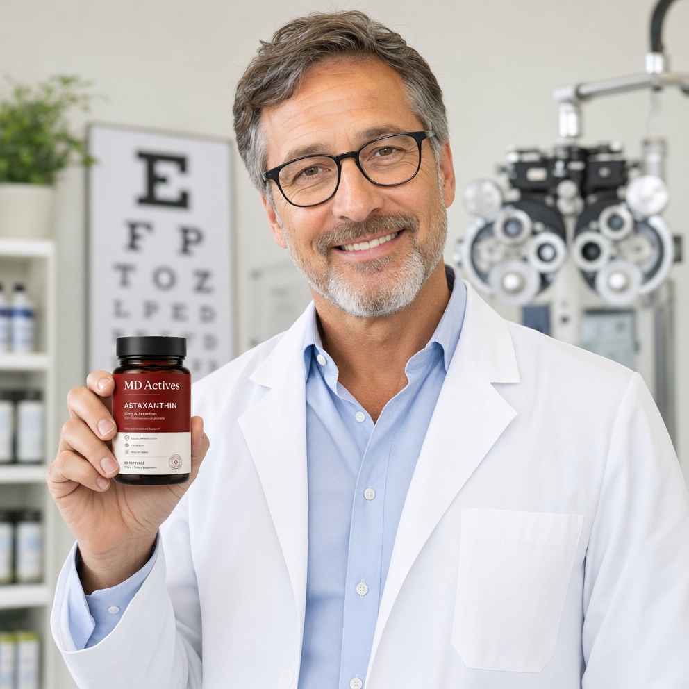 Dr. Daniel Hayes, O.D., holding MD Actives Astaxanthin